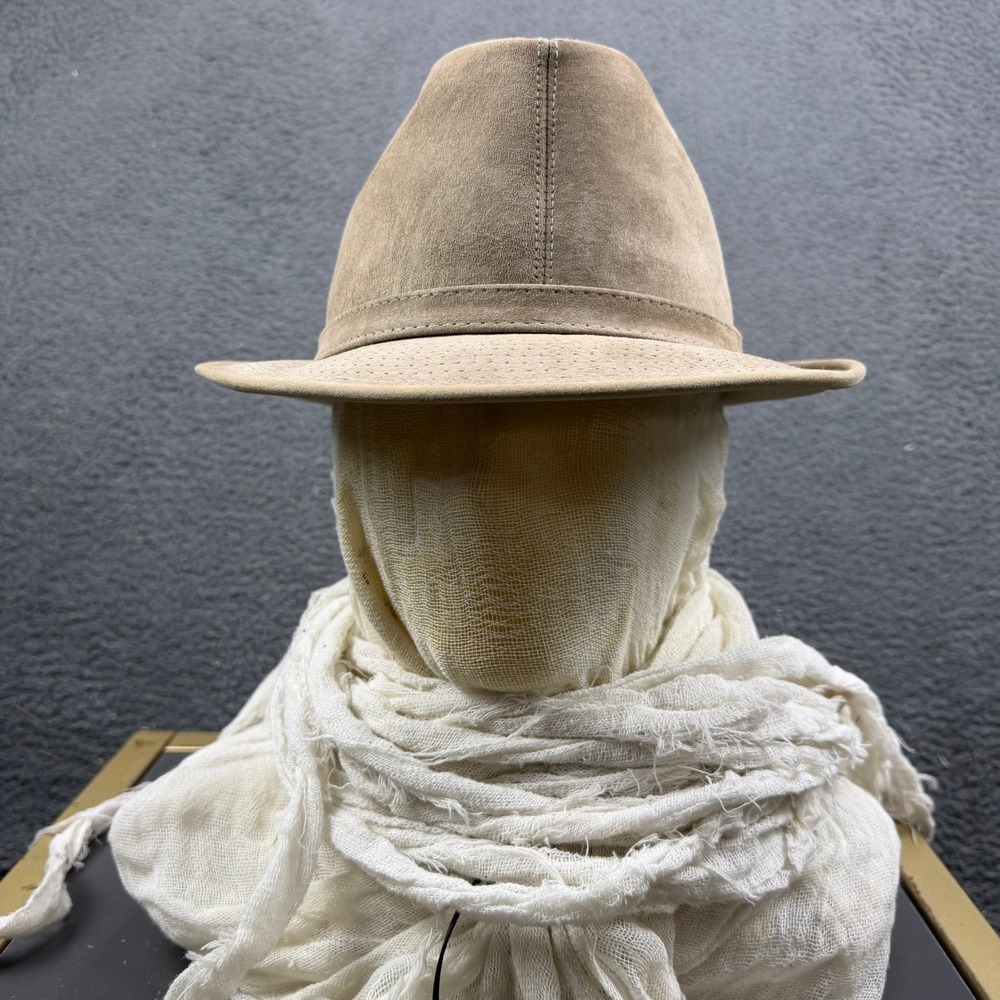 Stetson Mens Tan Genuine Leather Suede Fedora Hat Size 7 1/2 Feather Detail